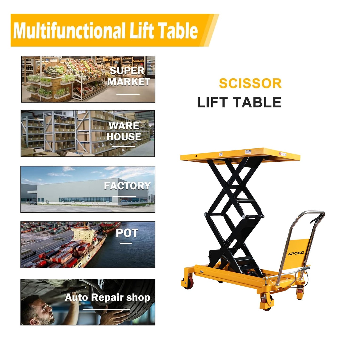 APOLLO Lift Table Cart Manual Double Scissor Lift Table Hydraulic Cart Platform Cart 1760lbs Capacity 59" Lifting Height