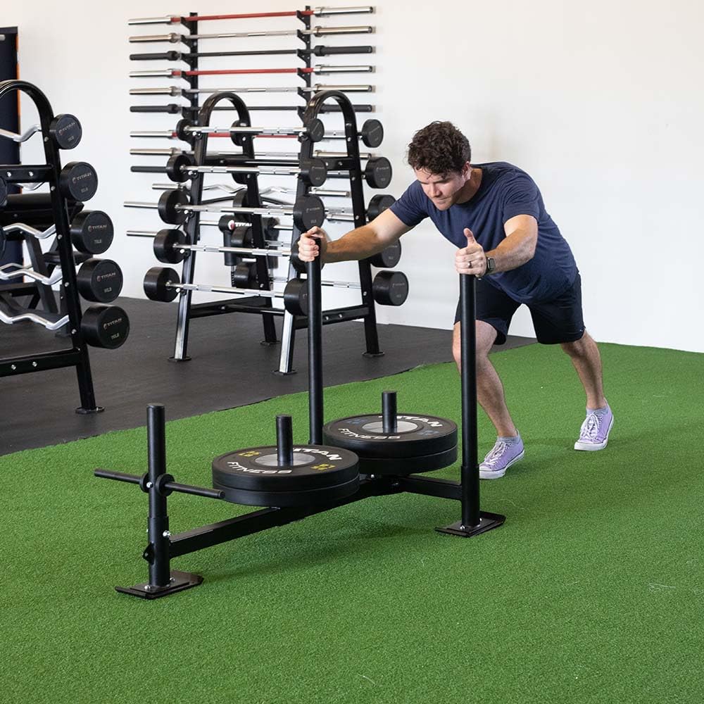 Titan Fitness High-Low Push Pull Drag Sled for Speed Training and Agility, 600 LB Capacity, Use on Grass, Turf, Concrete or Asphalt, Fits Olympic Weight Plates