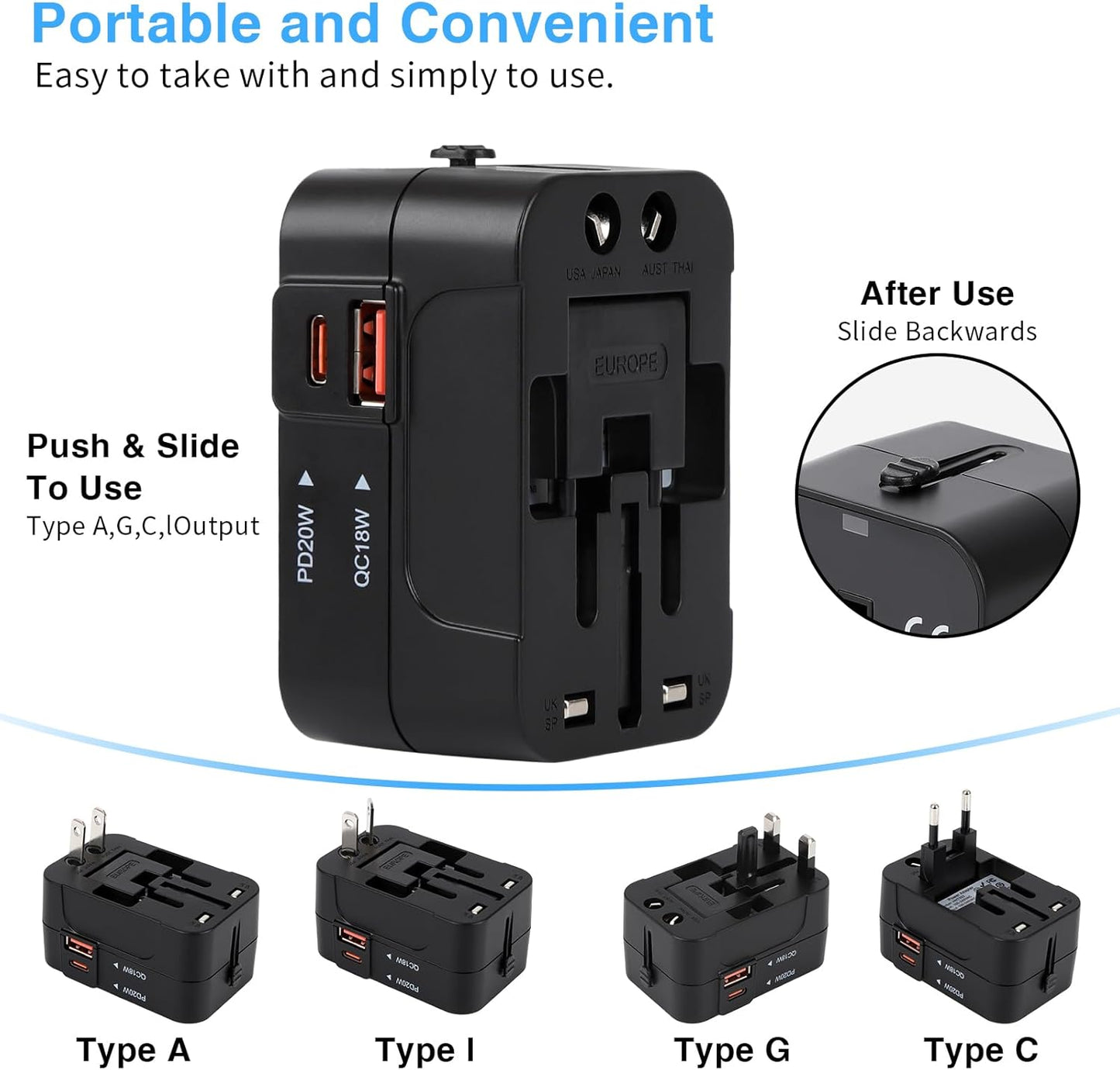 Zinalop PD20W Adapter,1 1 Universal Travel Adapter, International Power Type-C & USB-A Fast Charging Travel Charger