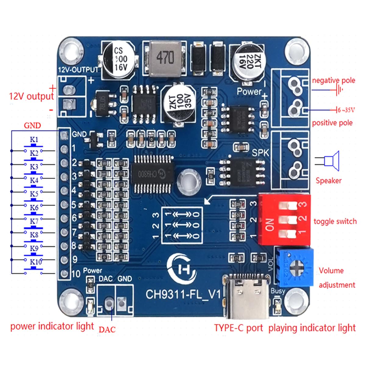 20W 8MB MP3 12V Programmable 10-Way Sound Playback Board, Voice Module USB Downloadable Music Player DAC Output Support