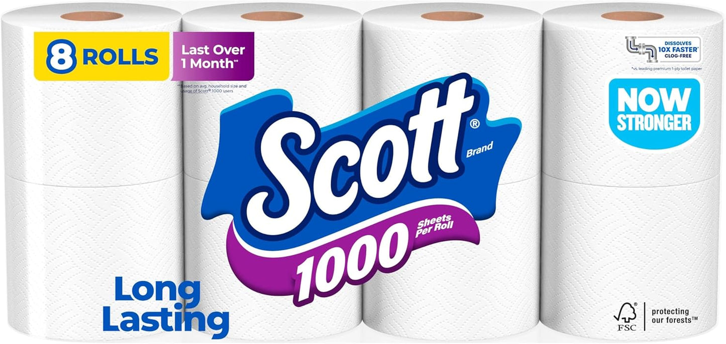 Scott 1000 Toilet Paper - Septic-Safe 1-Ply Tissue | 8 Rolls for Long-Lasting Use