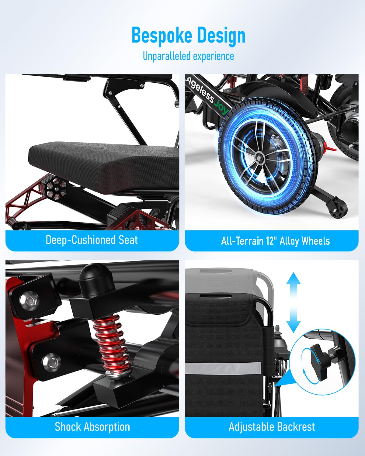 AGELESSJOY Electric Wheelchairs for Adults & Seniors, 15 Miles Range All-Terrain Foldable Portable Power Motorized Wheelchair with 500W Motors, Airline Approved 350 lbs Capacity, Red