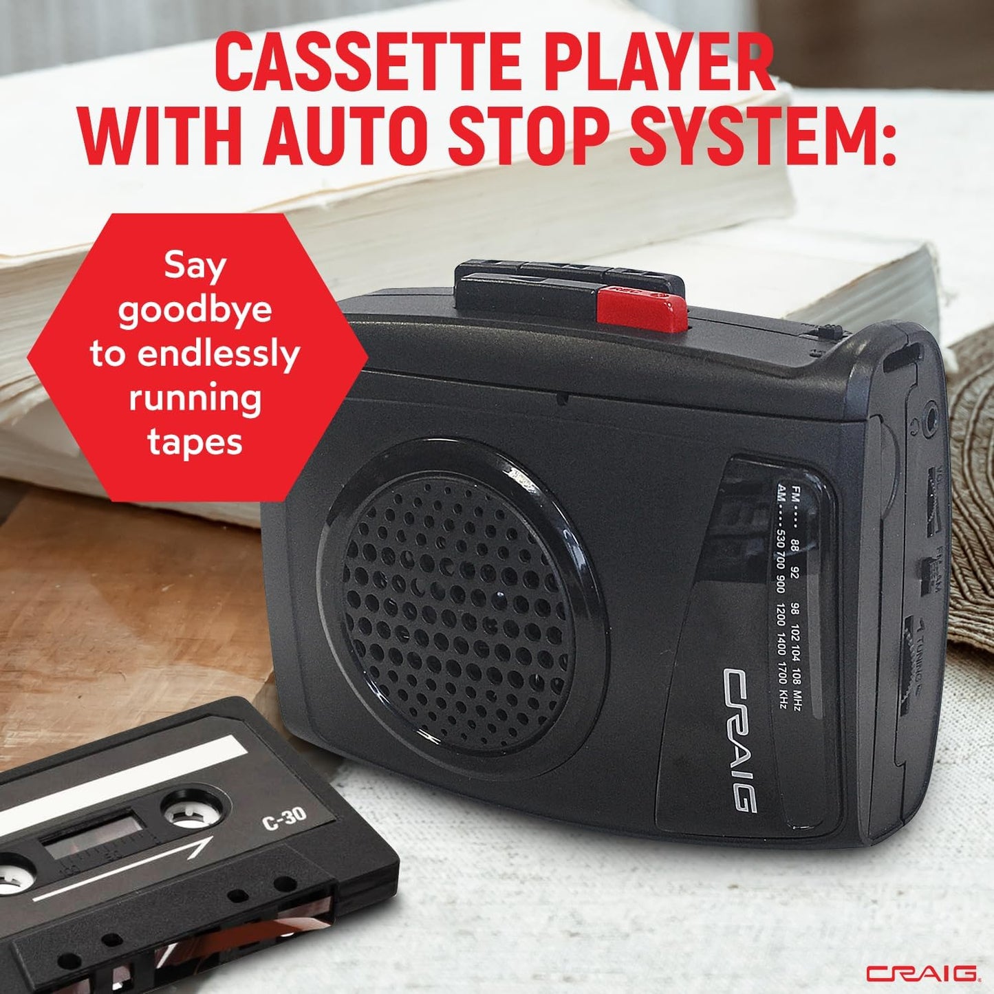 Craig Cassette Stereo Player/Recorder with Earphones: Portable AM/FM Radio & One-Touch Recording System