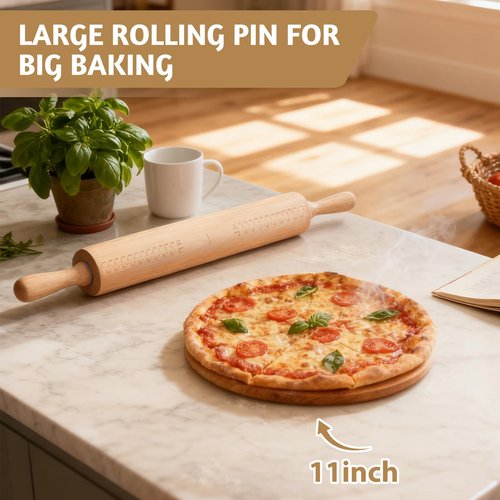 Long Adjustable Wood Rolling Pin: 21.1 Inch Rolling Pin with Thickness Rings and Measurement - Wooden Dough Roller for Baking Pastry Pizza Pie Crust Tortillas Cookie Bread - Bakers Baking Lovers