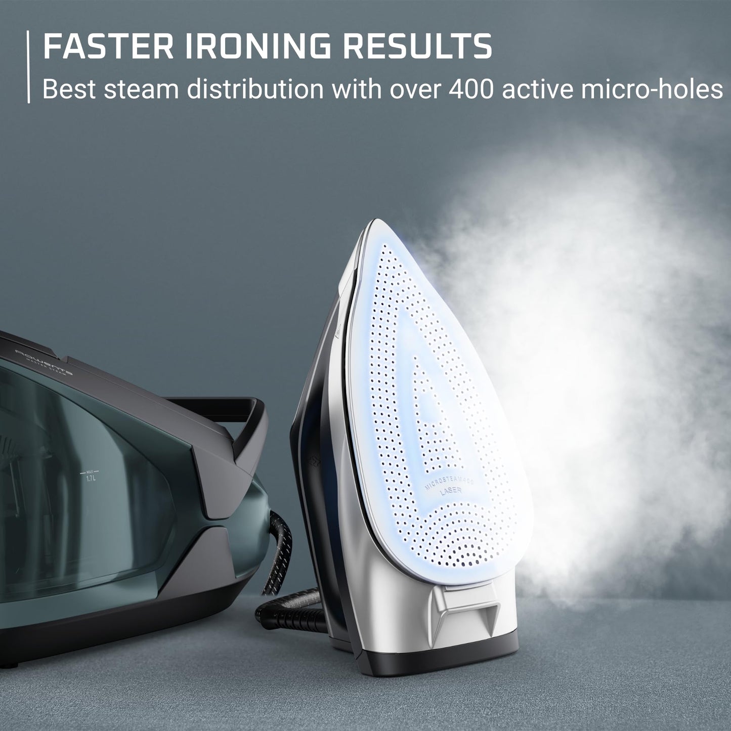 Rowenta Iron Steamer for Clothes Master Steam Station, Professional Steam Iron for Clothes with Stainless Steel Soleplate, 57 Oz, 400 Microsteam Holes, Built-In Pump, 1750 Watts, Black/Green, VR8338