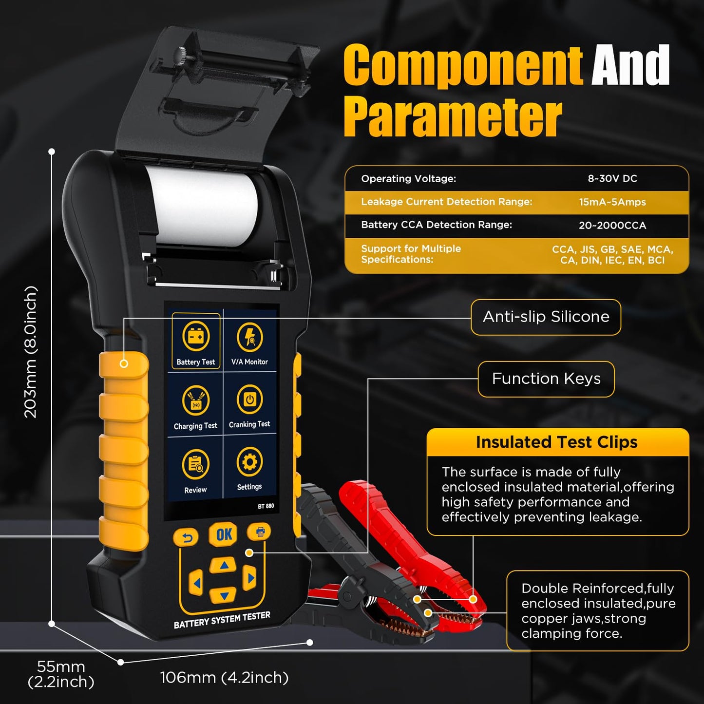 LINXINO BT880 Car Battery Tester,12V/24V Battery Load Tester with Built-in Thermal Printer, 20-2000 CCA Testing,Cranking/Charging Test,Voltage/Current Monitor,Data Logging & Safety Protections