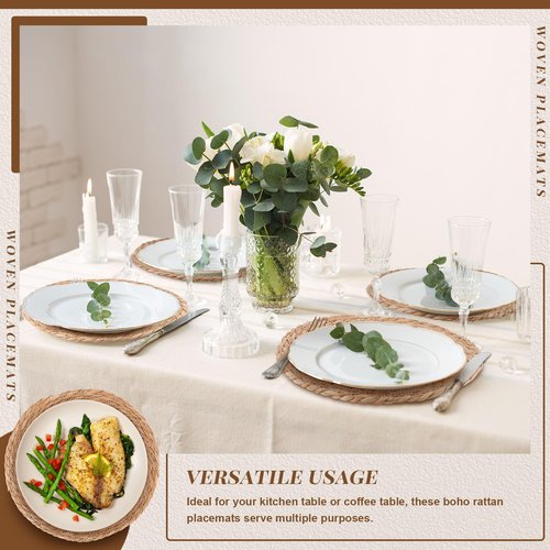 30 PCS Round Bulrush Woven Placemats 13.8 Inch Boho Rattan Chargers for Dinner Plates Natural Hand Weave Table Mats Rustic Wicker Braided for Farmhouse Home Wedding Party Outdoor Christmas Decor