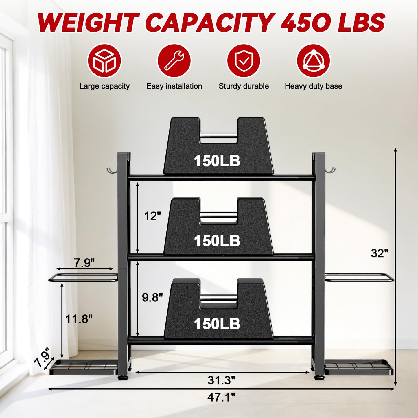 3-Tier Small Adjustable Dumbbell Rack, 450LBS Capacity Home Gym Weight Rack with Yoga Mat Holder & Hooks, Space Saving Workout Equipment Storage Organizer, Tool-free Assembly