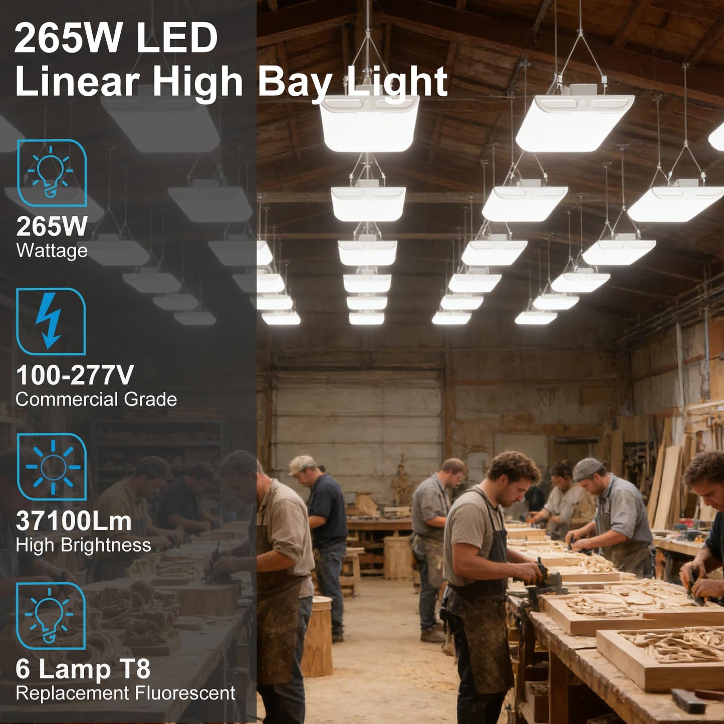 Lightdot 4FT LED High Bay Shop Lights with Flush/Suspended Mount, 265W [Eqv.1000W] 5000K 100-277V Commercial Lighting for Garage Workshop - 25-40FT Ceiling, Covers 3000 Sq.ft, UL Complied, 2Pack