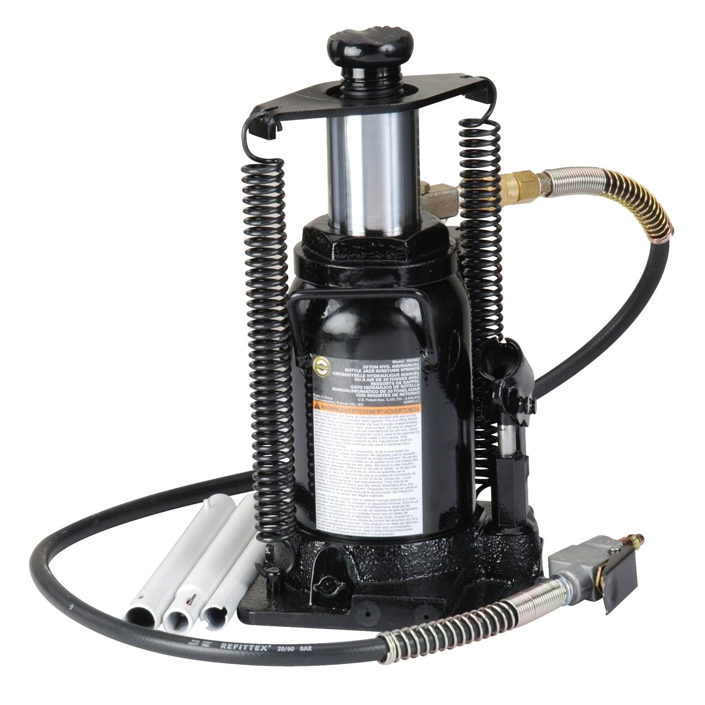 Omega 18206C Black Hydraulic Bottle Jack with Return Springs - 20 Ton Capacity
