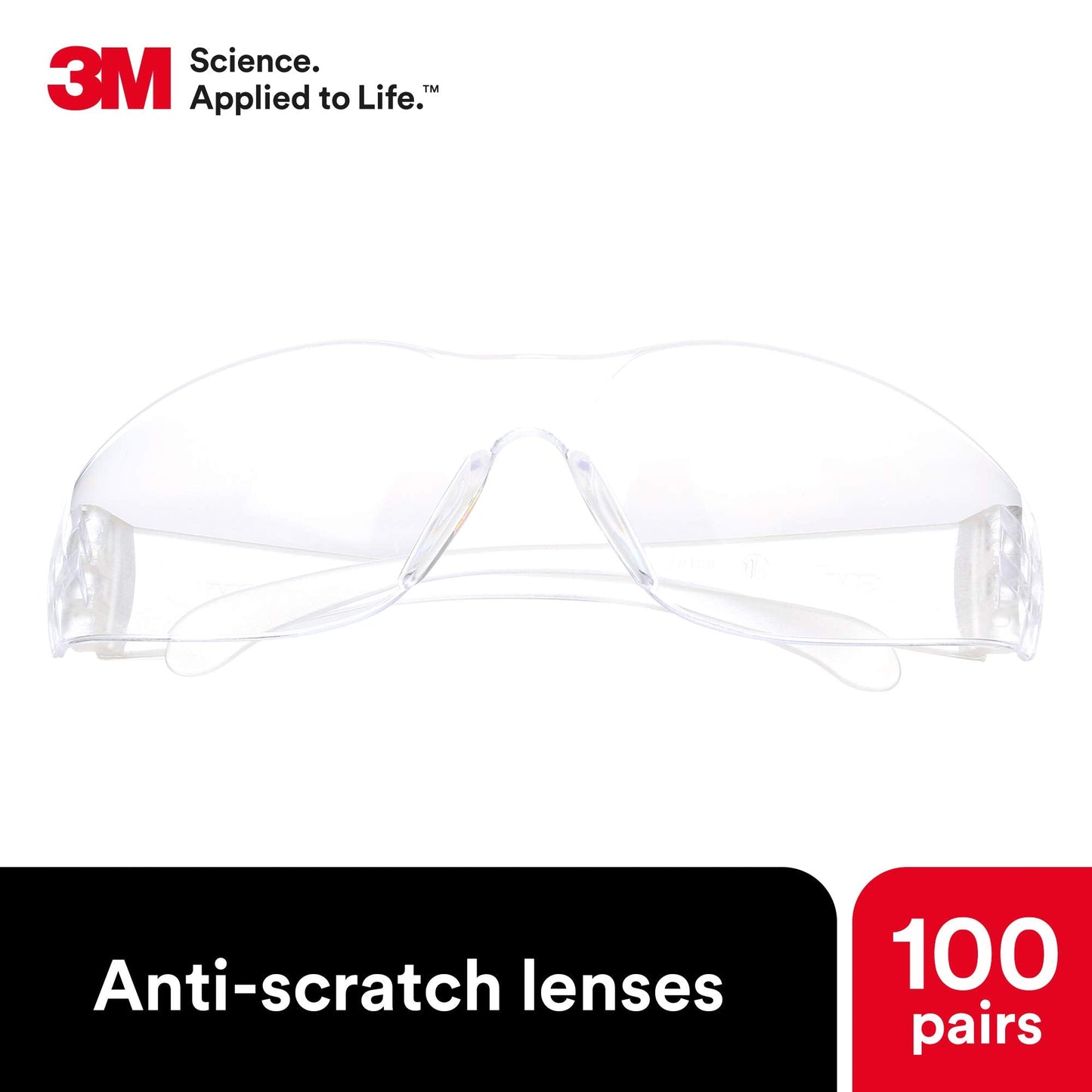 3M Safety Glasses, Virtua, Pack of 100, ANSI Z87, Unisex, Clear Hard Coat Lens, Clear Frame, Economical Eye Protection, Lightweight, Wraparound Coverage, UVA, UVB, UVC