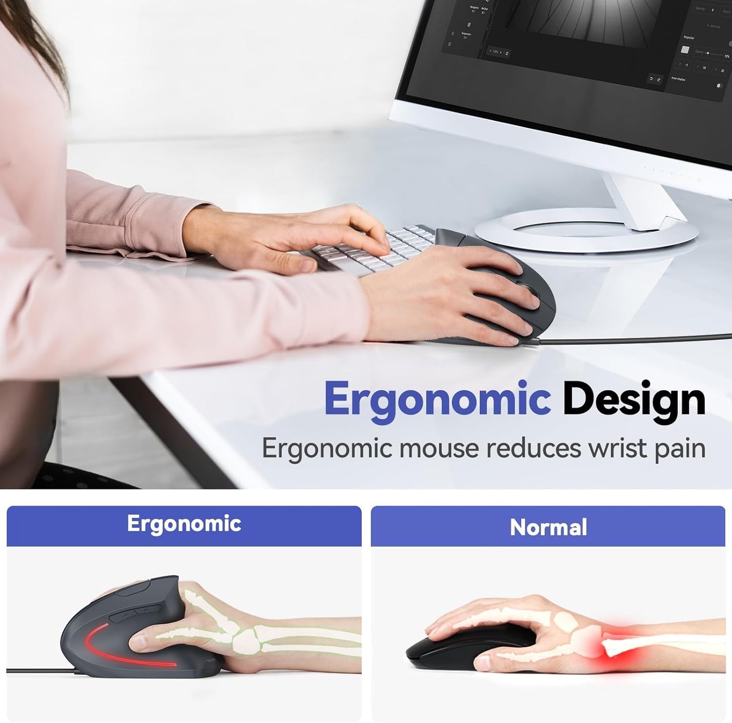 TECKNET 6400 6 4 Wired Mouse, DPI Ergonomic Mouse Buttons Silent Mice Adjustable DPI Vertical Mouse Compatible