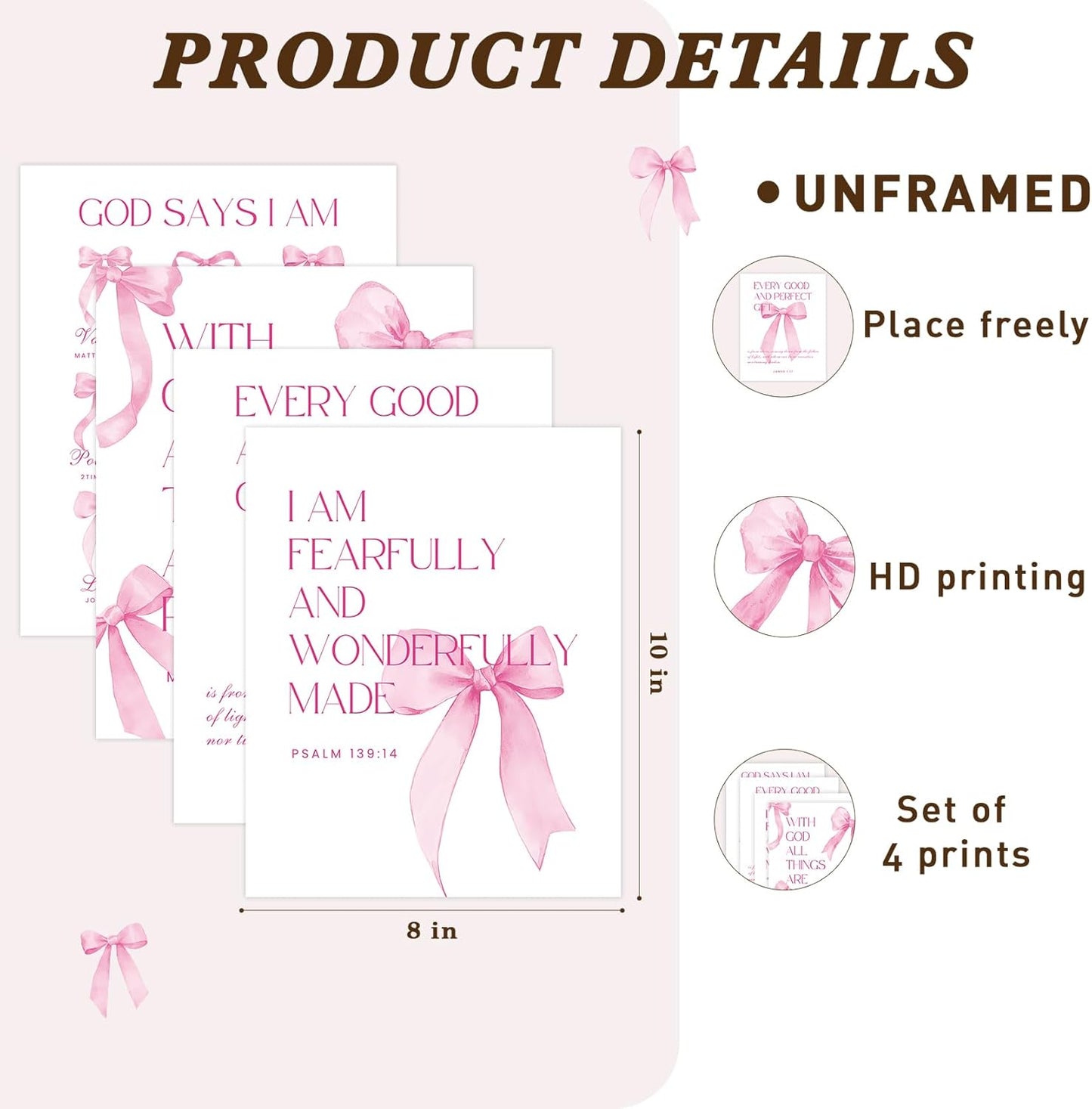 Shescrzionu 4 PCS Coquette Room Decor - Pink Bow Aesthetic Wall Art for College Girls | 10x8 Inch Set