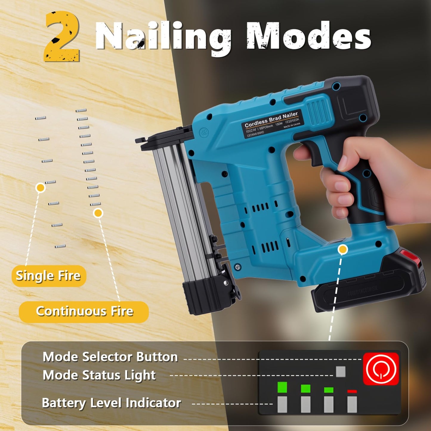 WODHMIEY Electric Nail Gun 2 Modes Battery Powered 18 Ga Brad Nailer, 20V Cordless Nail Gun Compatible with Battery, Copper Motor Heavy Duty Stapler for Woodworking Projects (2 Batteries)