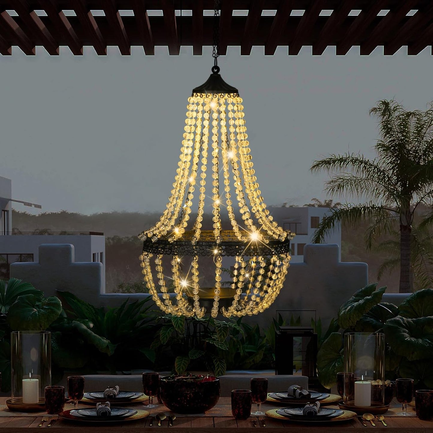 Skiennix Hanging Solar Lantern - 28” Modern Clear Crystal Acrylic Chandelier with 30 Warm White Lights for Garden & Patio Decor
