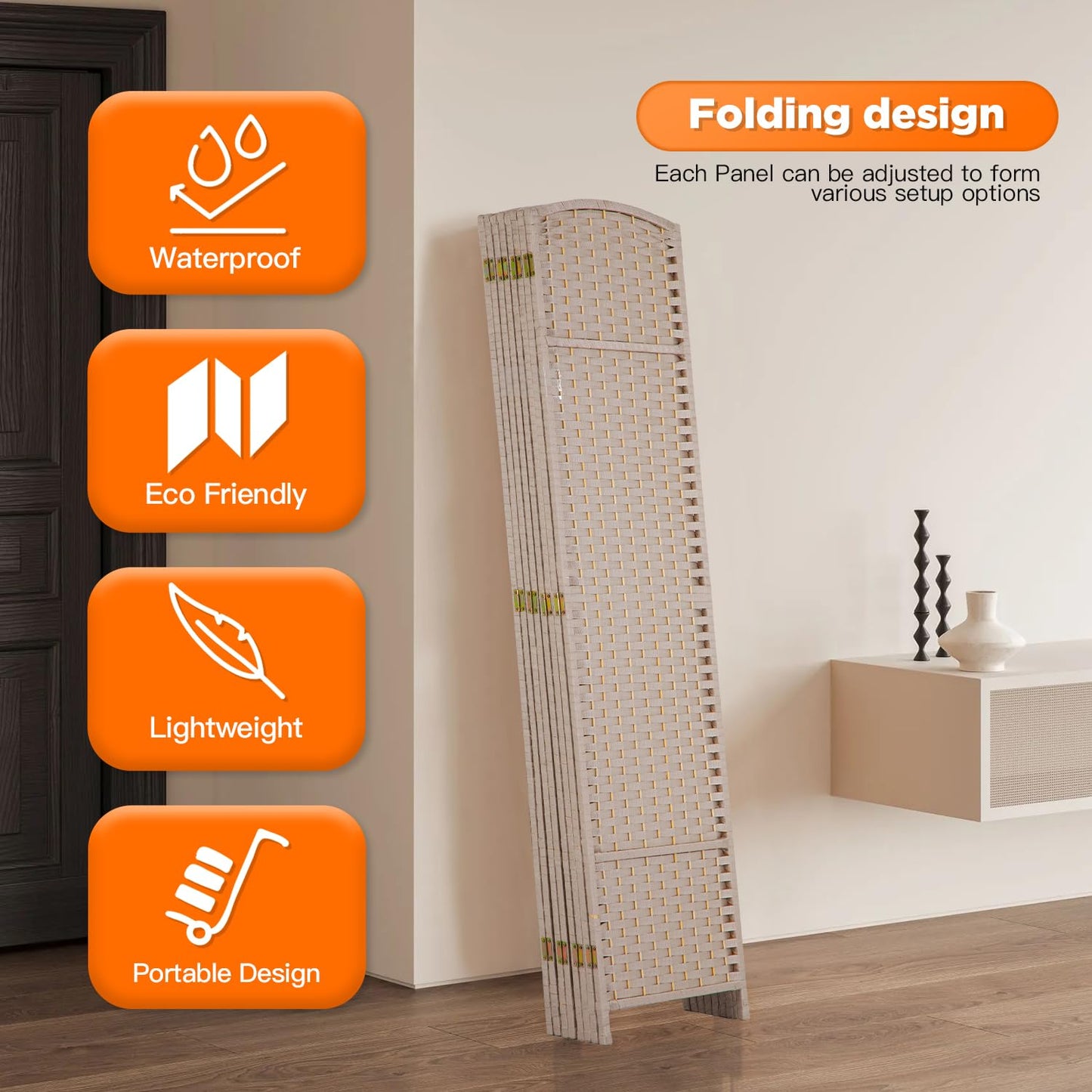 Room Divider 8 Panel Screen 5.6 Ft Tall Partition Room Dividers Beige Privacy Screens Folding Room Separation Free Standing Waterproof Wood Frame Wall Divider