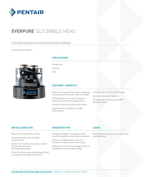 Everpure EV925831 QL3 Water Filter Head Assembly with Shut Off Valve and Bracket