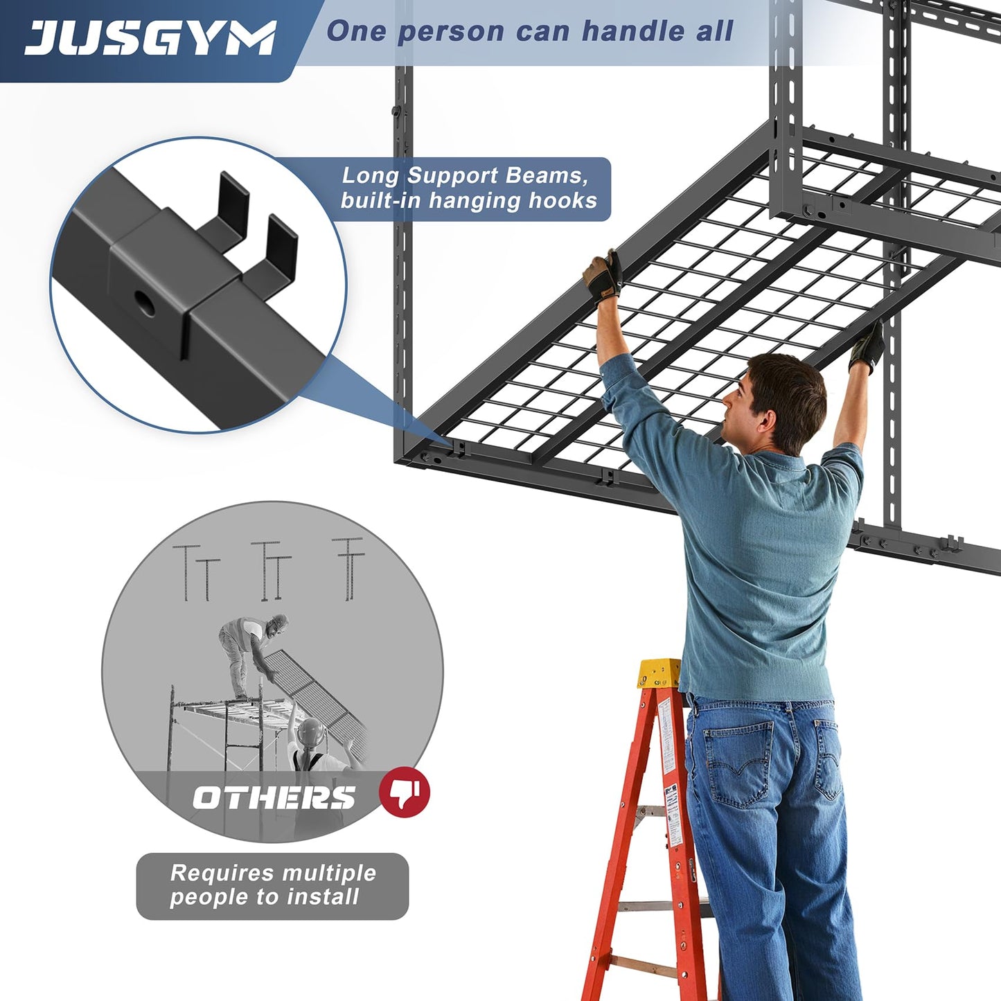 Jusgym 4X6FT Overhead Garage Storage Rack, 26"-40" Height Adjustable Garage Ceiling Storage Racks, Heavy Duty Metal Overhead Storage Organizer System, 450LBS Weight Capacity