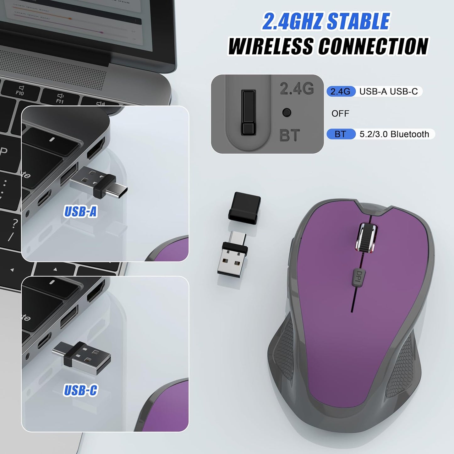 FYBC 3 2.4G Wireless Mouse Jiggler - Ergonomic Bluetooth Mice with Mouse Mover for Keeps Computers Awake, DPI Levels