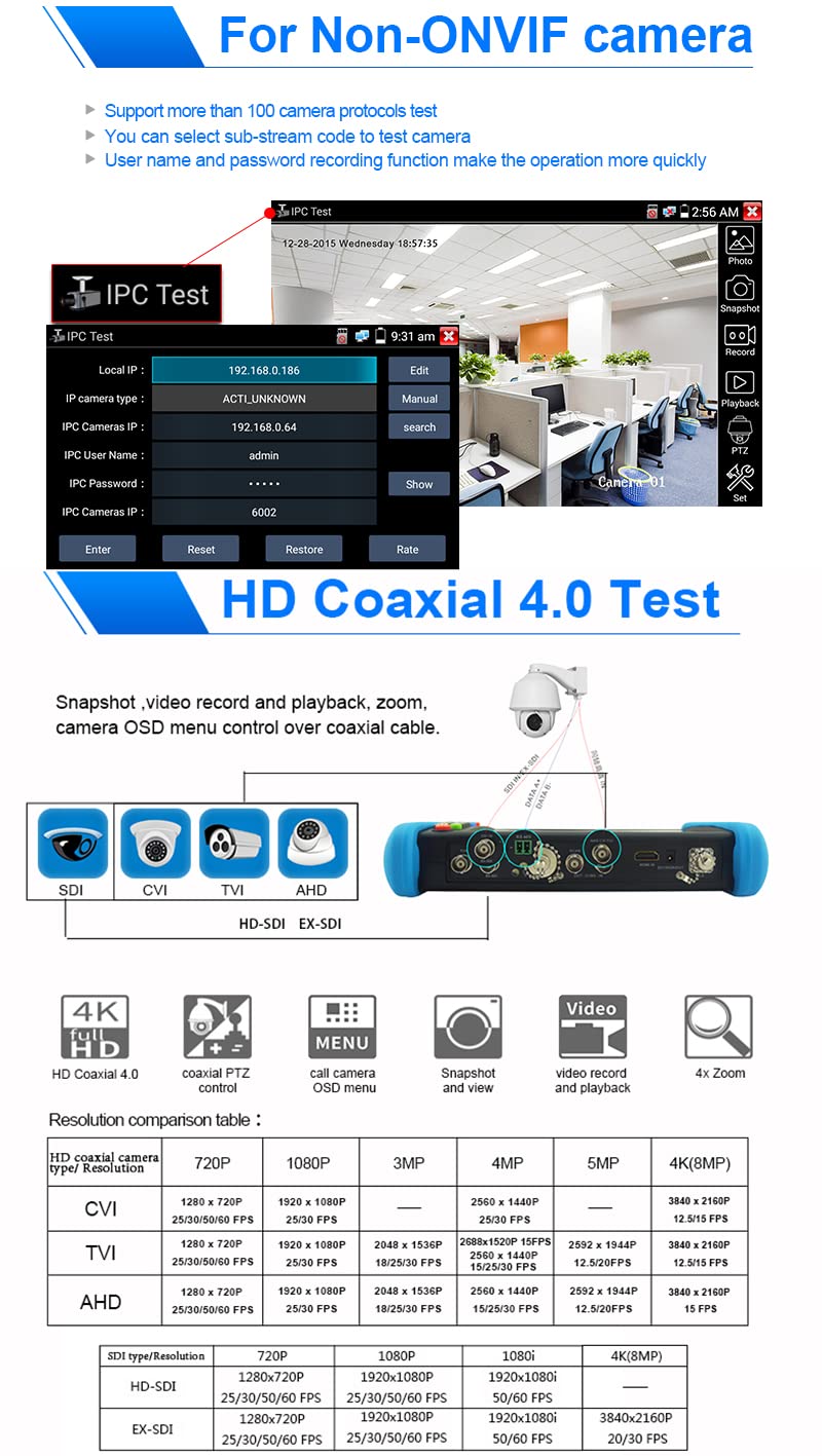 CCTV Tester IPC-9800MOVTADHS 7'' IPS Touch Screen WiFi 4K H.265 HDMI Tester for 8MP CVI TVI AHD SDI CVBS Cameras, Support PTZ Control & Analog Testing
