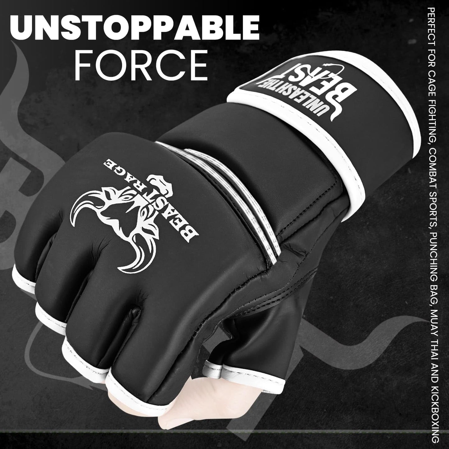 BEAST RAGE MMA Gloves for Men and Women,Martial Arts Mitts Grappling Sparring,Ventilated Palm, Vegan Leather, Cage Fighting, Muay Thai, Kick Boxing, Punching Bag, Boxing, Kickboxing (White, M)
