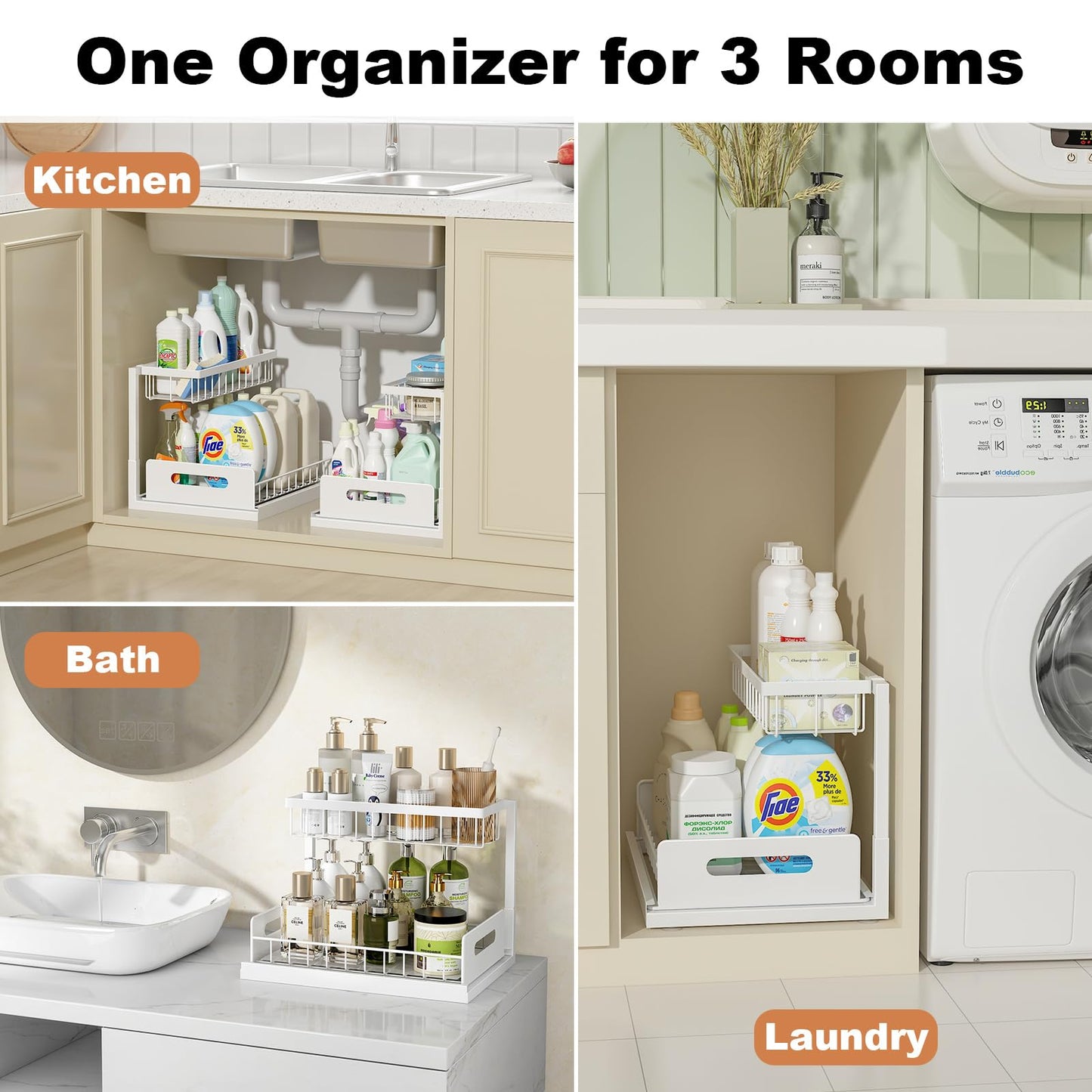 REALINN Under Sink Organizer, Pull Out Cabinet Organizer 2 Tier Slide Out Sink Shelf Cabinet Storage Shelves, Under Sink Storage for Kitchen Bathroom Cabinet, White, 1 Pack
