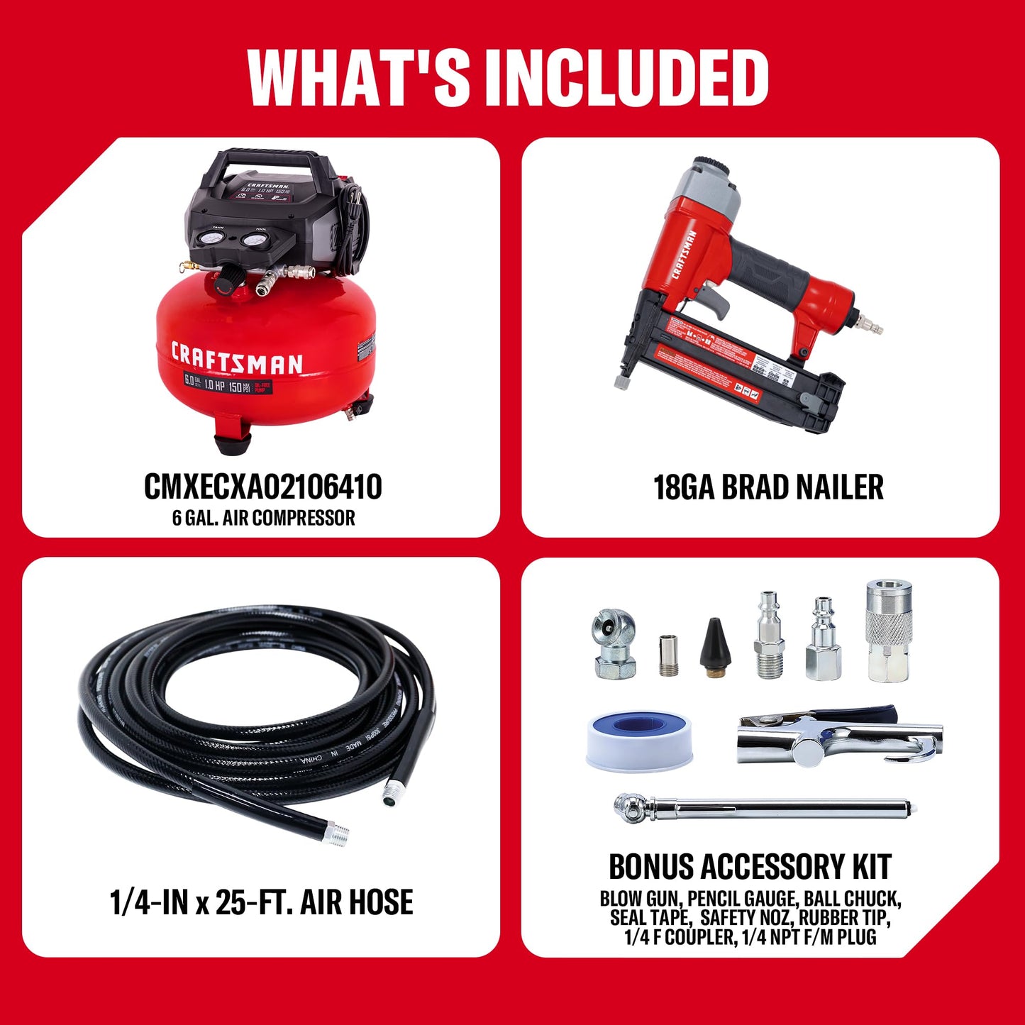 CRAFTSMAN 6 Gallon Pancake Air Compressor with 18GA Brad Nailer, Portable Oil-Free, 150 PSI, 2.6 SCFM @ 90 PSI, 10-Piece Accessory Kit, Model CMXECXA0210641D
