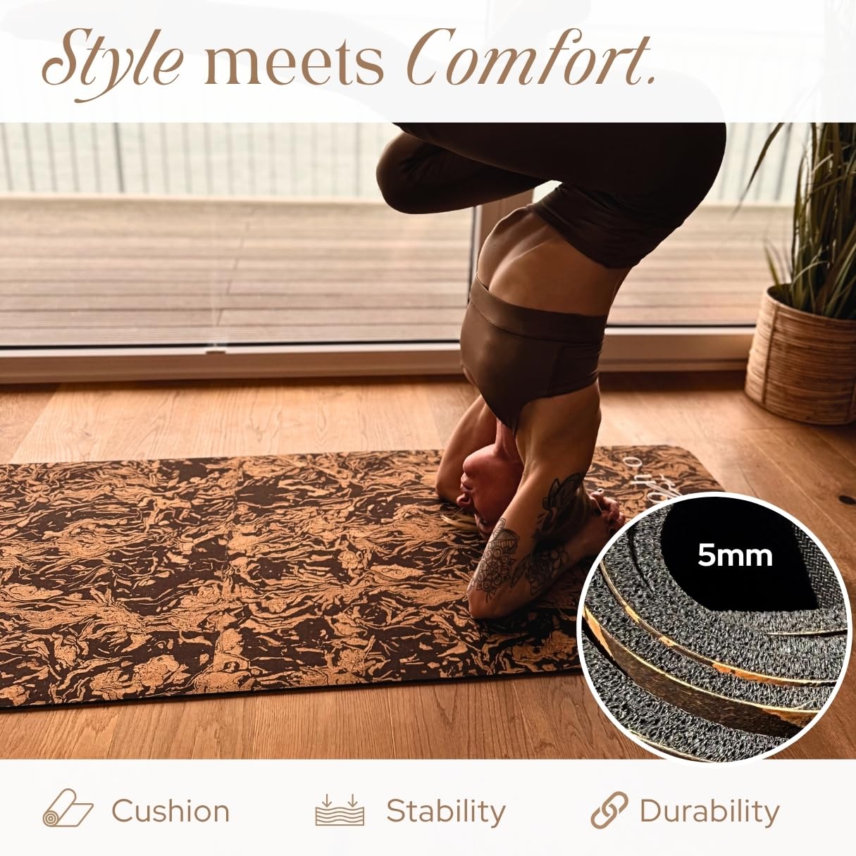 Boho Flow Deluxe Cork Yoga Mat | Caffè Core - Coffee Cork Edition | Eco-Luxury Coffee-Infused Cork Surface, Natural Tree Rubber Base & Signature Handmade Boho Macramé Bag