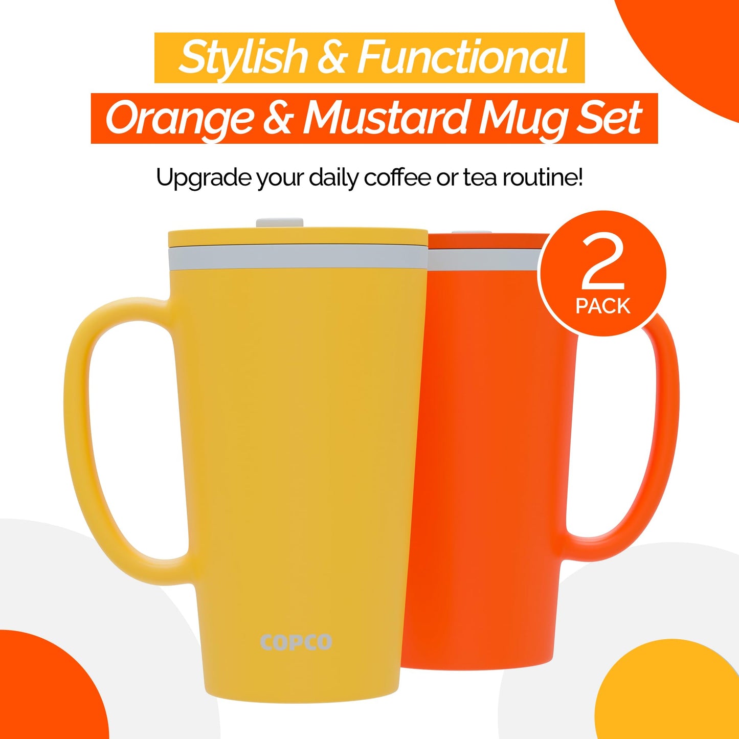 Copco Cone Desk Mug, 16 oz (Set of 2) - Double Wall Insulated Mugs with Handle, Reusable Tumbler Set with Twist-Off Spill Resistant Lid, BPA-Free, Microwave & Dishwasher Safe (Orange/Mustard)