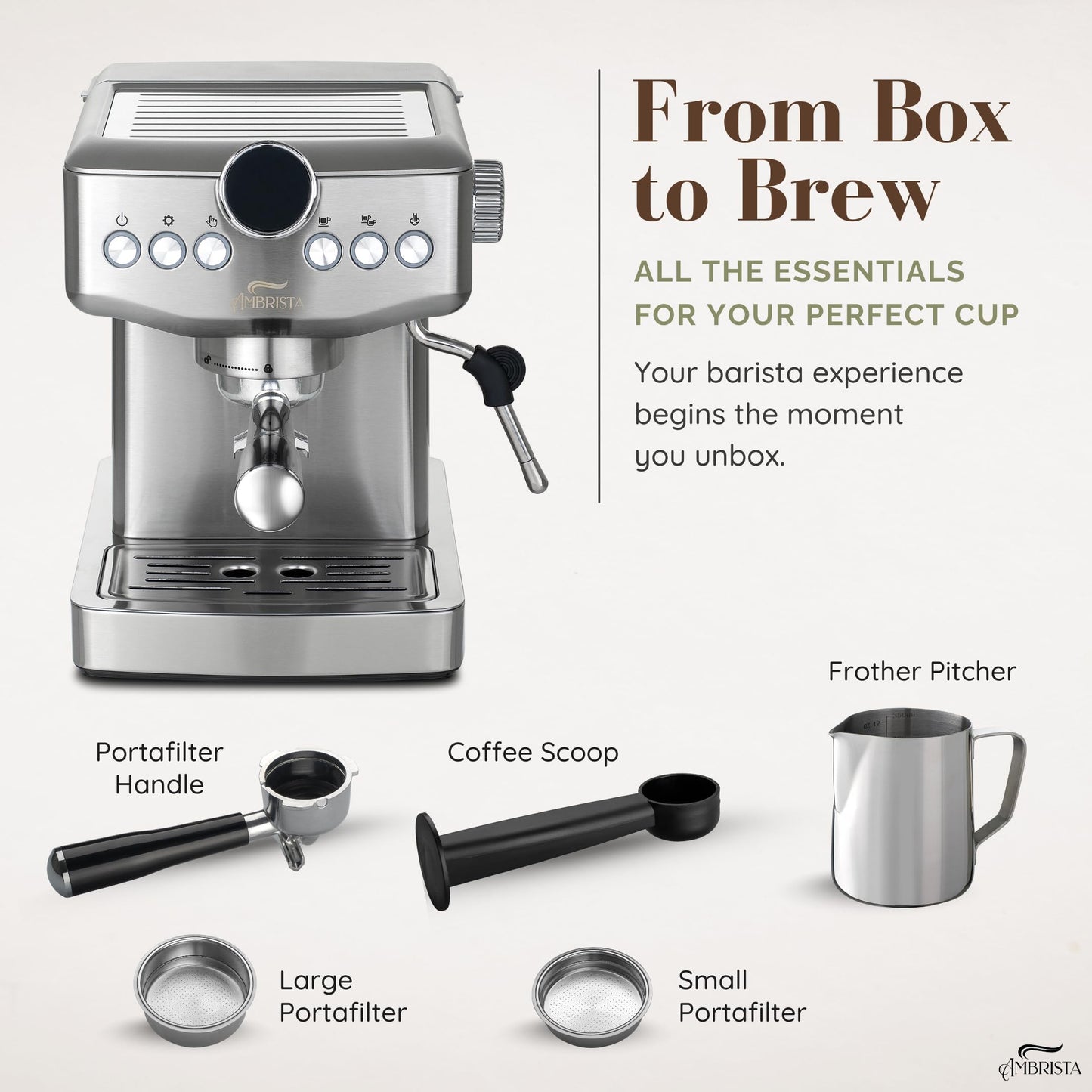 AMBRISTA Espresso Machine 20 Bar with Steam Milk Frother | Stainless Steel Espresso Maker with Customizable Brewing Temperature | 60oz Removable Water Tank | Perfect for Cappuccinos, Lattes and More