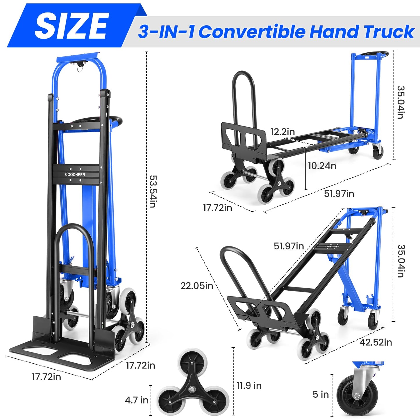 1000LBS Convertible Hand Truck, Heavy Duty Foldable Aluminum Stair Climbing Dolly with Solid Wheels for Moving/Office/Travel (Blue)