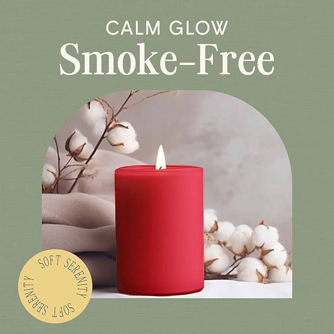Mister Candle Dripless Unscented Pillar Candles, Set of 3 Hand Poured Solid Color Non-Scented Candles for Home Decor, Premium Wax, 60 Hr Burn Time - 3x4 Inch, Red