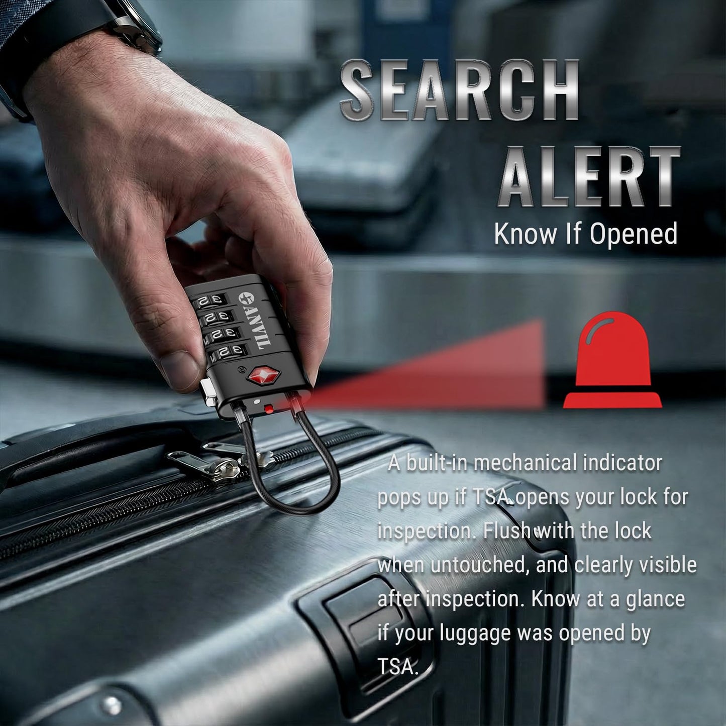 ANVIL TSA Approved Luggage Locks with Search Alert Indicator, 4-Digit Combination Suitcase Lock, Advanced TSA008 Core Heavy Duty Anti-Theft Travel Lock for Double Zippers, Backpacks (8, Black)