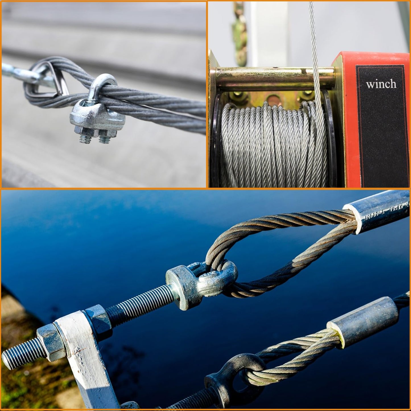 5/16" Steel Cable, Sunuwk 150Ft 7x19 Strand Aircraft Cable with Loops, 9800 Lbs Breaking Strength, Heavy Duty Wire Rope with Clamps and Thimbles, for Zipline, Fencing, Deck Railing, Winch Cable