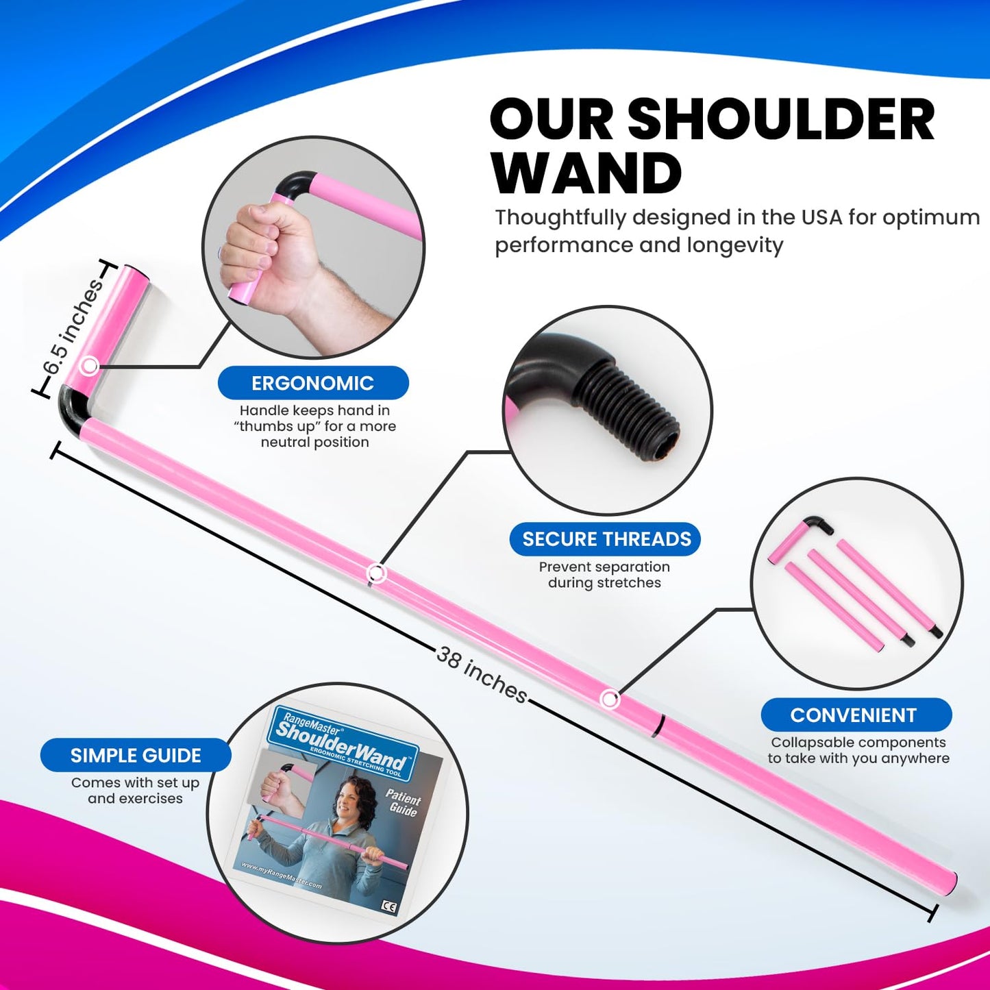 RangeMaster ShoulderWand Therapy Stretching Tool│Collapsible Stretching Bar│Physical Therapy Tool for Recovery and Increasing Motion (Pink)