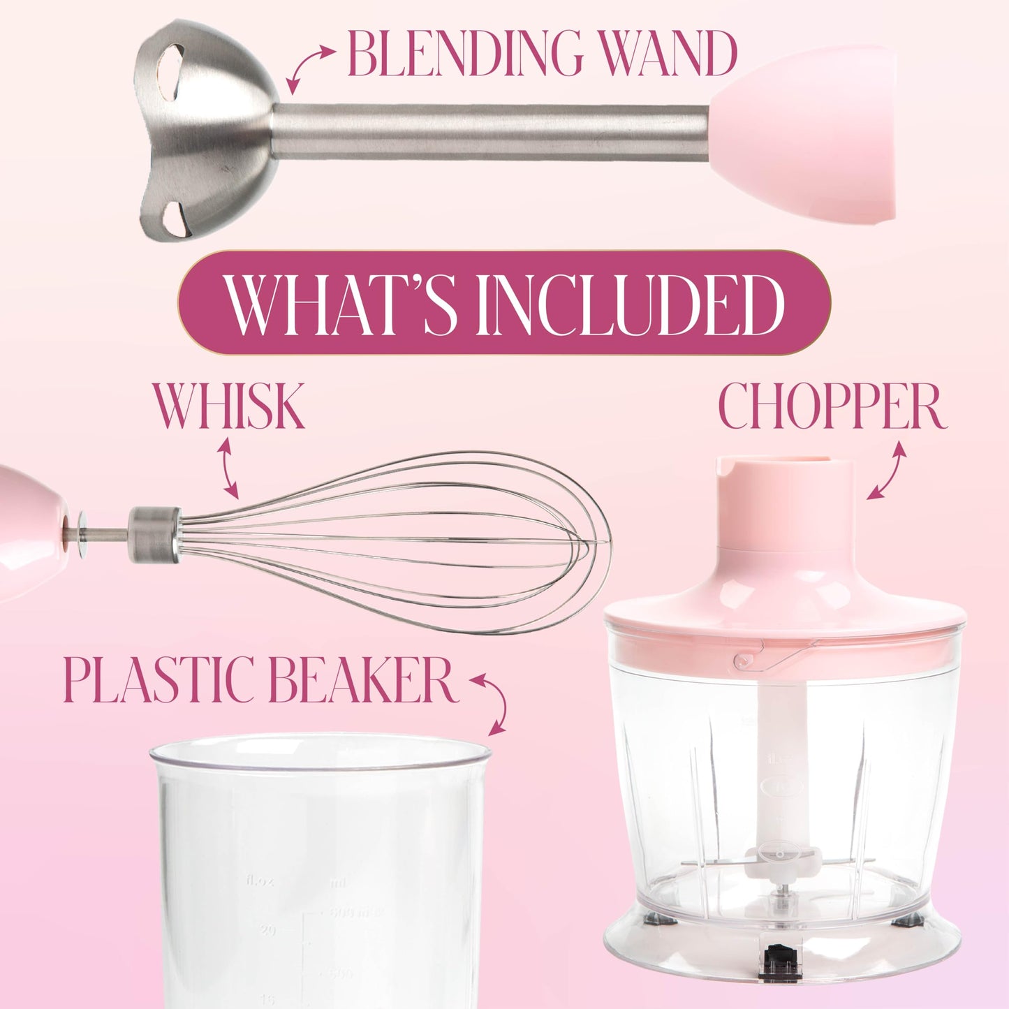Paris Hilton Hand Blender Set, 3-in-1 Immersion Blender with Whisk, Blending & Chopper Attachments, 400W High Speed, Pink with Gold Accents – Smoothies, Soups, Sauces, Baby Food, Whipped Cream, Pink