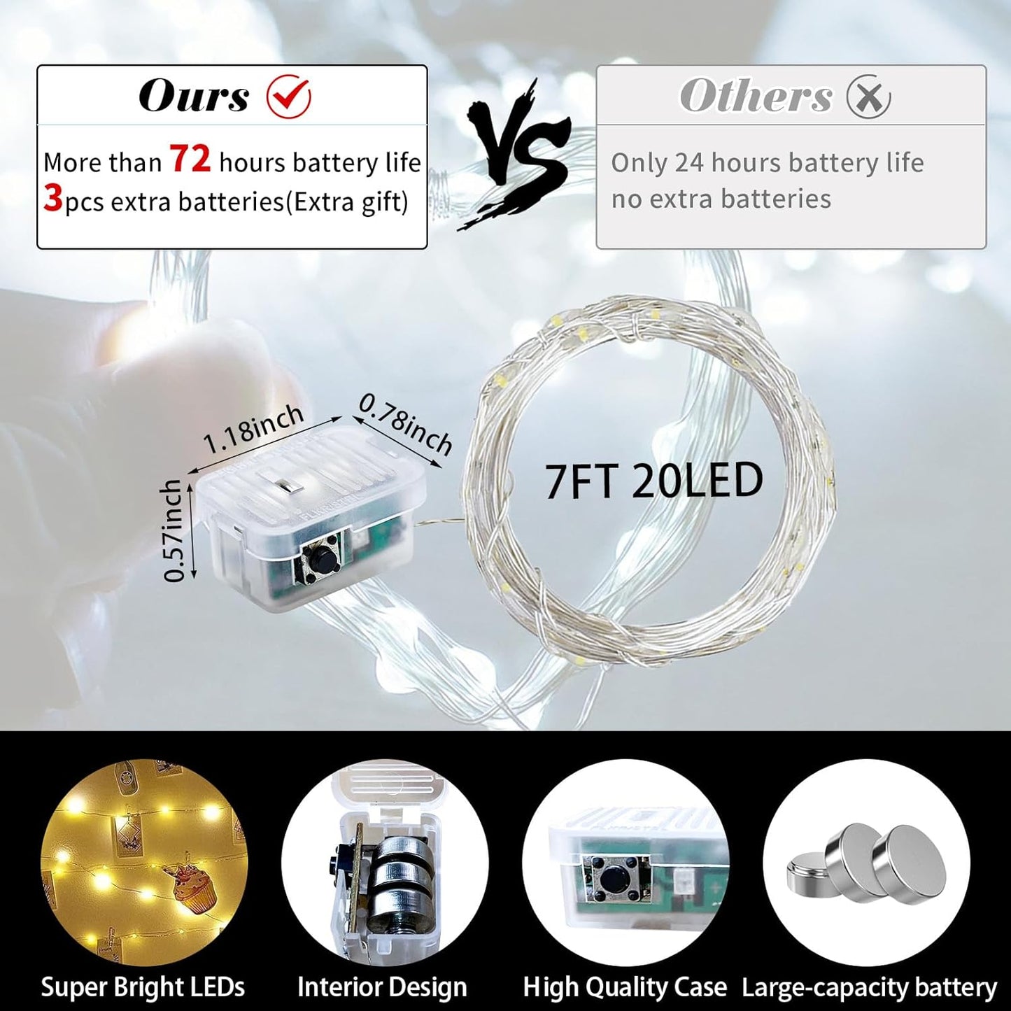 Skiennix 8-Pack White Fairy Lights - 7Ft 20 LED Twinkle String Lights | Battery Operated & Waterproof for Weddings, Parties, and Home Decor