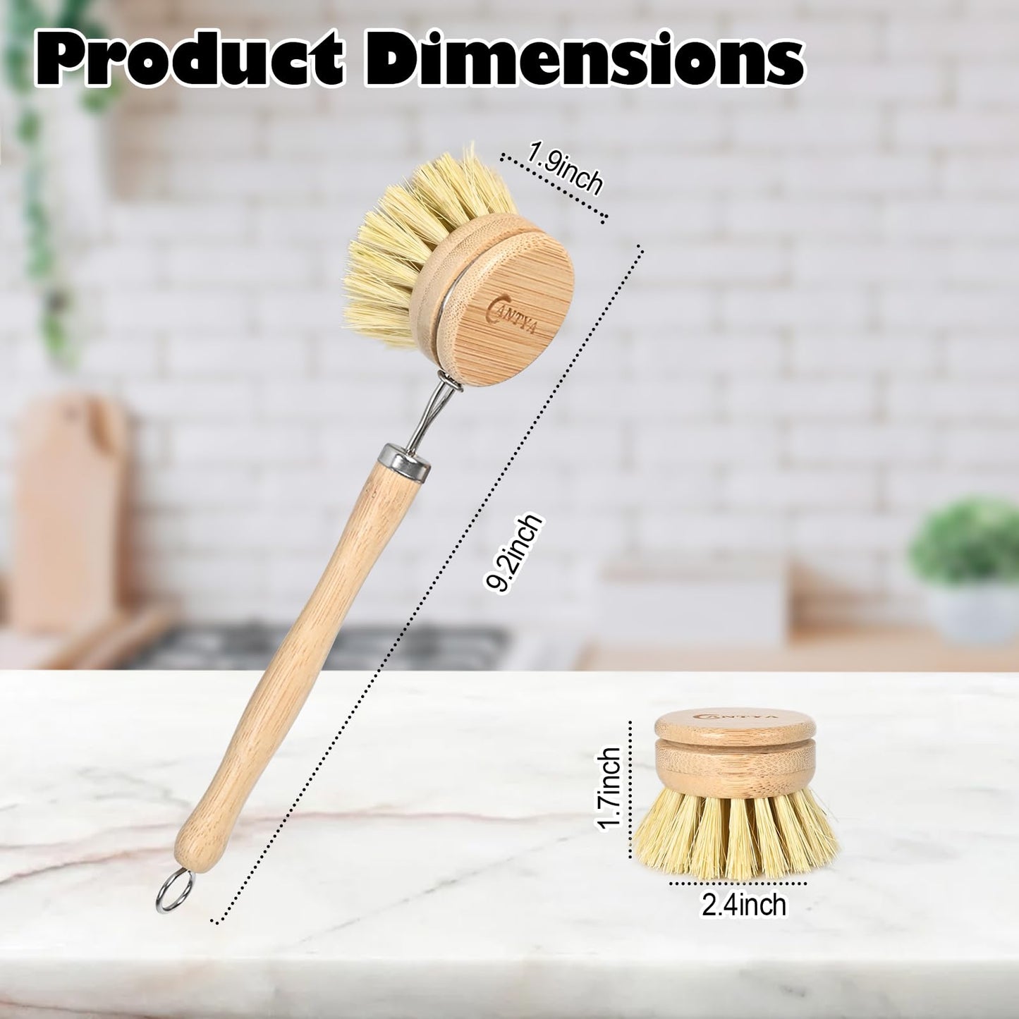 Bamboo Dish Brush with Handle - Soft Bristle, Non Toxic Vegetable Brush Scrubber for Food Compostable & Sustainable Kitchen Scrub Brush for Dishes, Pots and Pans