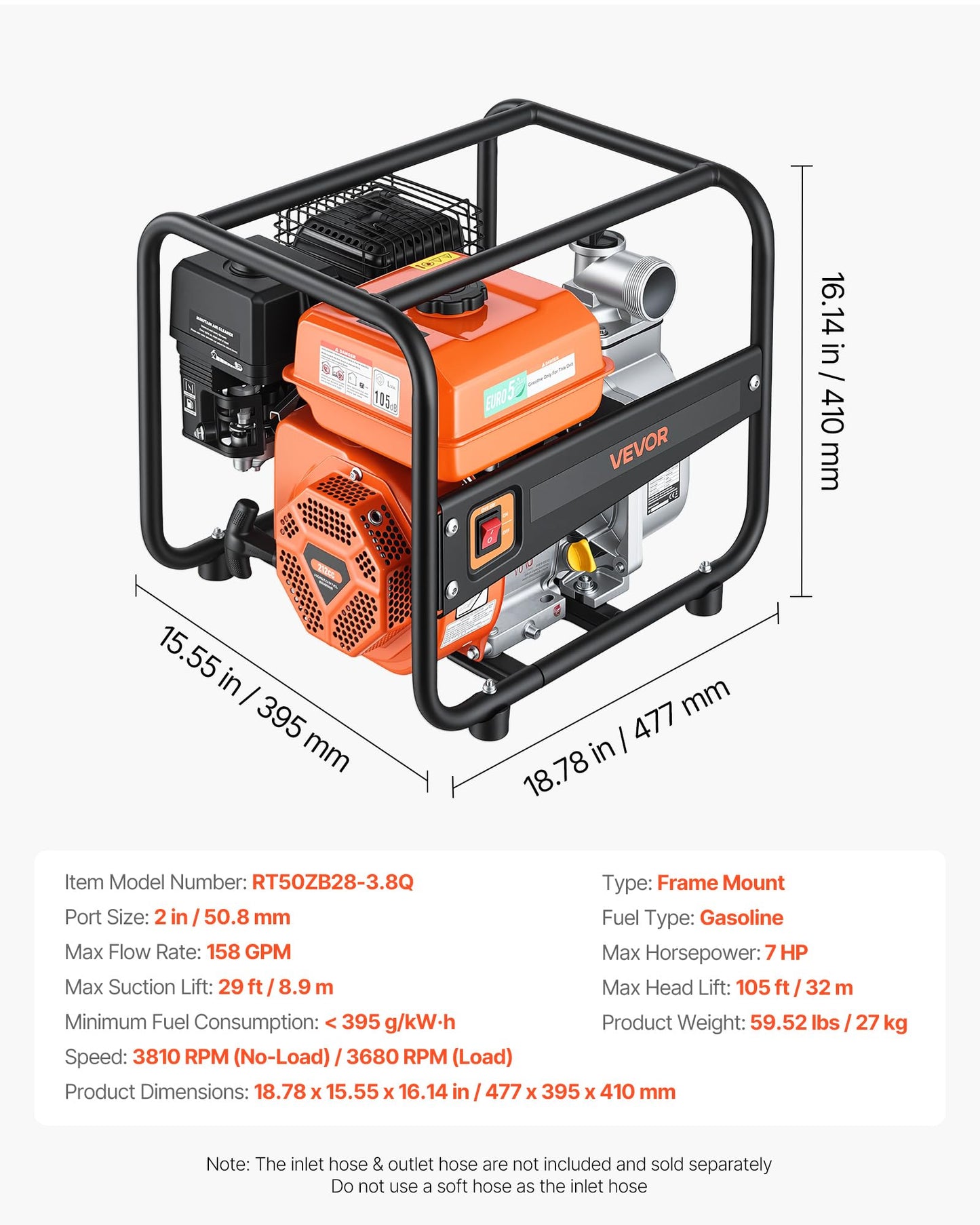 VEVOR Gas Powered Water Pump, 2 in, 158 GPM 7HP Semi Trash Water Transfer Pump Portable, Gasoline Engine with 25 ft Discharge Hose, Heavy Duty Frame, Cast Iron Impeller, for Irrigation, Ponds, Pools