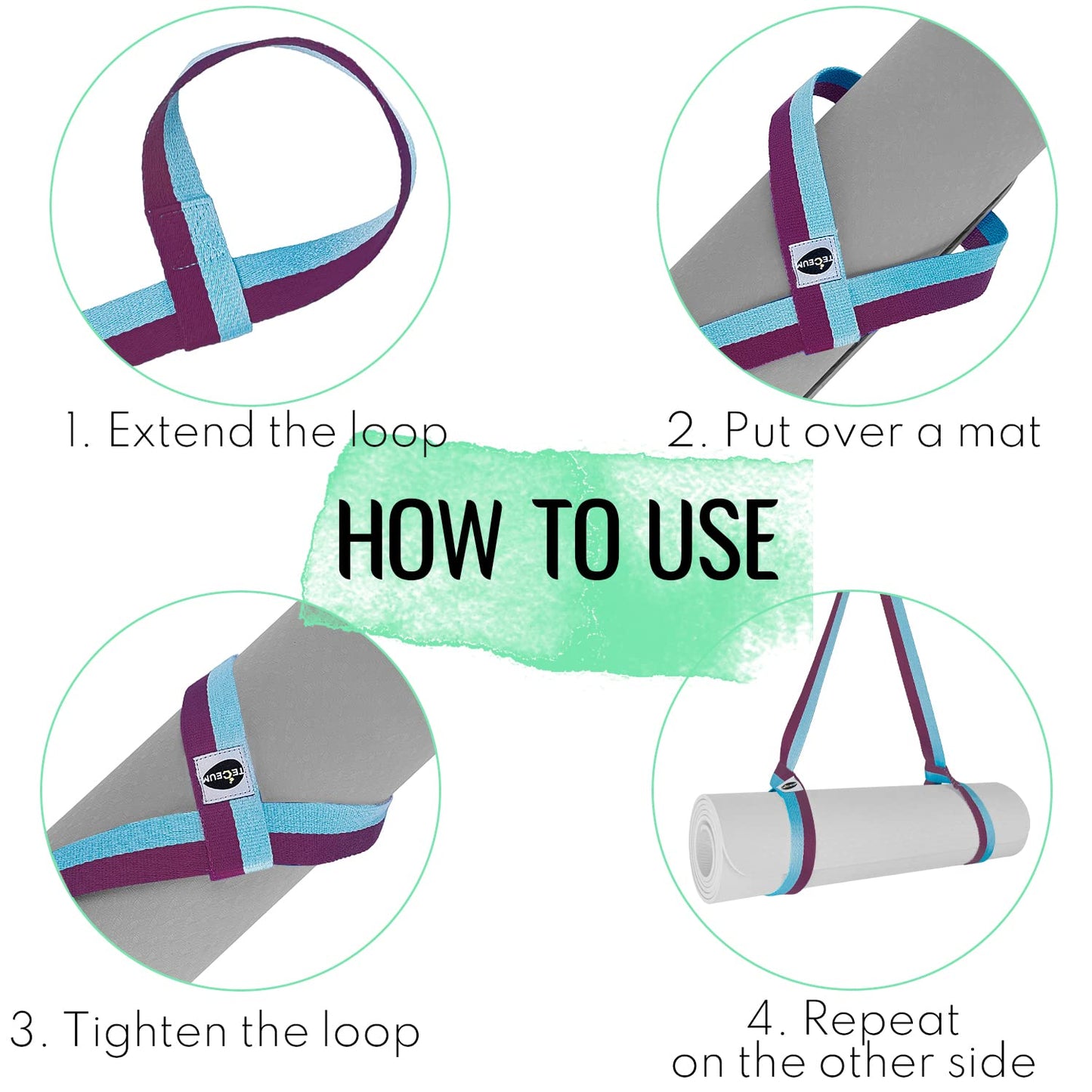 TECEUM Yoga Mat Strap – 30+ Colors – Adjustable Mat Holder Sling Carrier for All Mats [Mat Not Included]