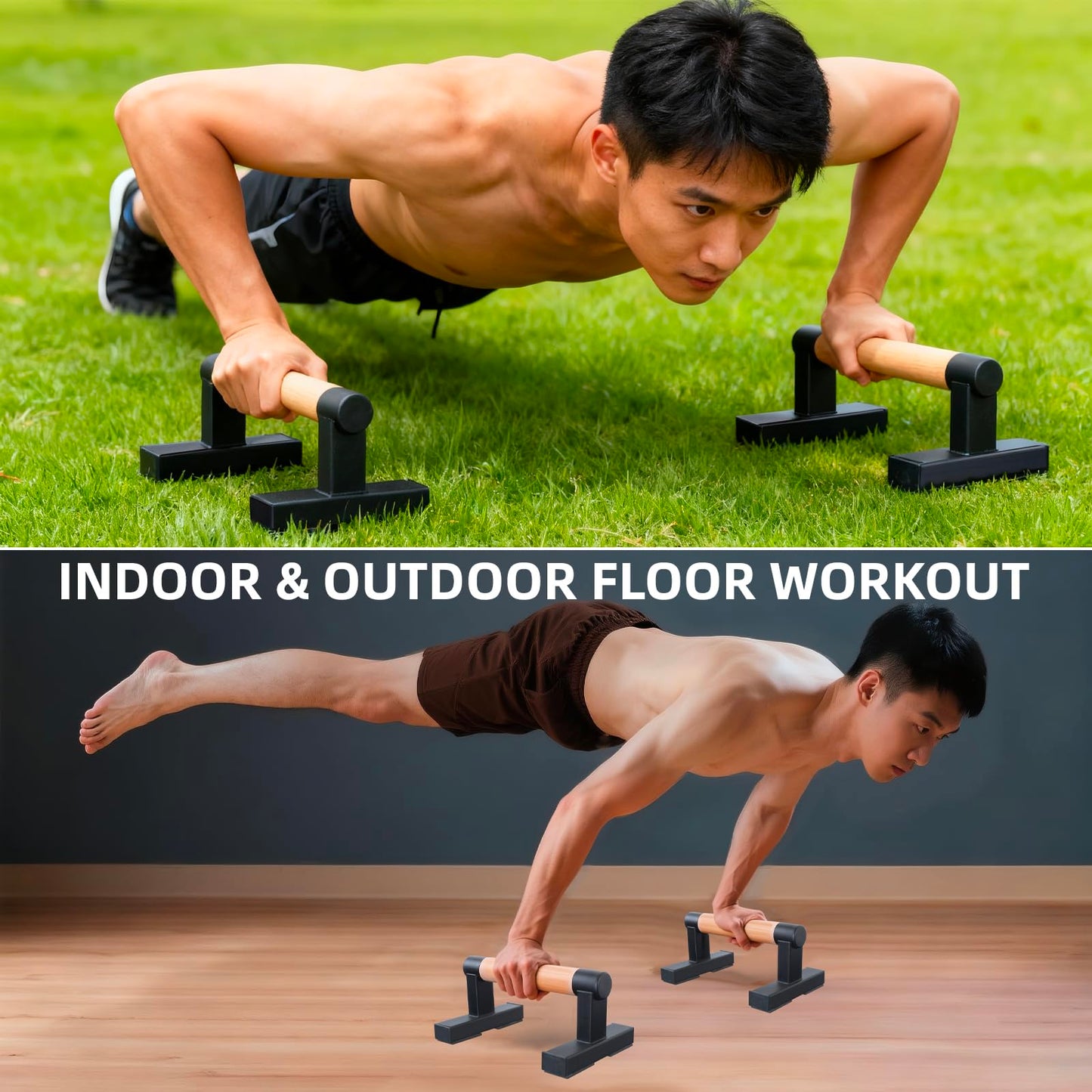 BESTWEI 1 Pair Solid Wooden Parallettes Bars for Calisthenics, Heavy Duty Metal Brackets Pushup Handles Home Floor Workout Push Up Bars, Gymnastics Handstand Training Bar 600LBS-10inch