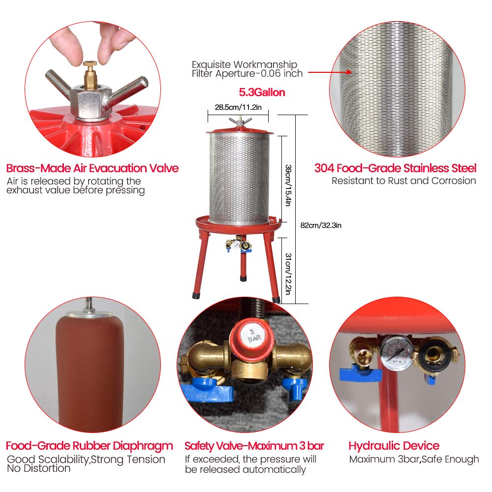 SQUEEZE master Hydraulic Fruit Wine Apple Press -5.3Gallon/20L -Stainless Steel for Wine Cider Making with Filter Bag&Splash Guard