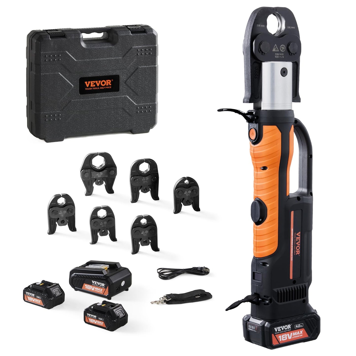 VEVOR Press Tool, 18V Electric Pipe Crimping Tool for 1/2" to 2" Copper Pipes, Press Kit with 6 VUS Jaws, 2pcs 4AH Battery, Fast Charger & Carrying Case