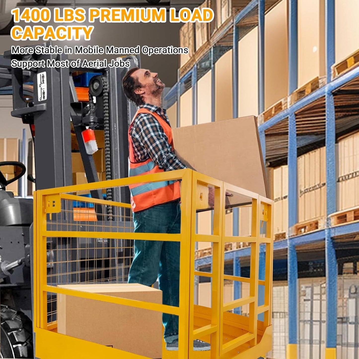 43"x45" Forklift Platform Safety Cage,Work Platform for Loader,Man Basket for Forklift,1800lbs Capacity with Safety Harness & Lock,2-Man Collapsible Lift Basket for Lifting Loader (Yellow W/Wheels)