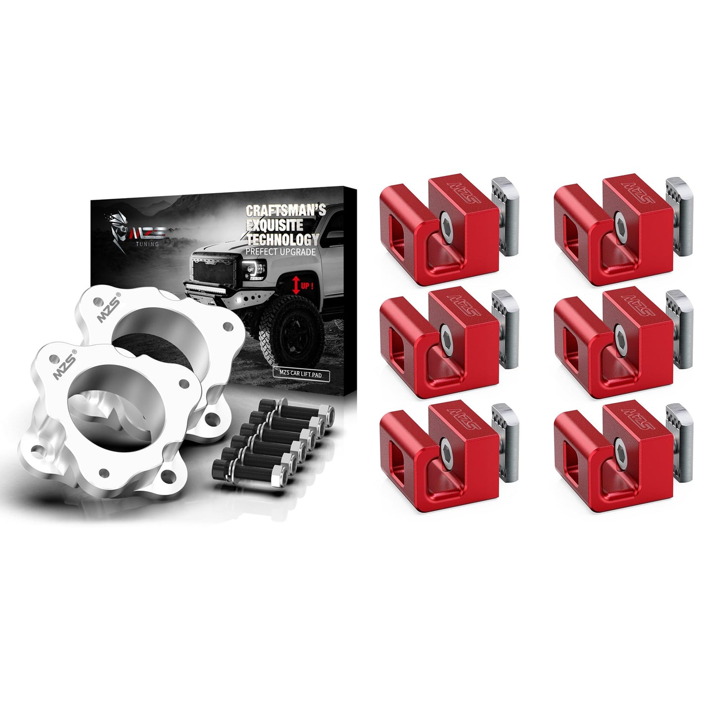 MZS 3 inch Front Leveling Kit Lift Strut Spacers + Truck Bed Tie Down Anchors, Side Wall Stake Pocket Hooks(Red, 6pcs)2007+ Silverado Sierra 1500 2WD 4WD