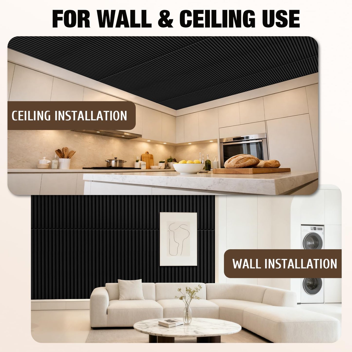 Qidejoy 12 Pcs 3D PVC Slat Wall Panels, 2x4 FT Ceiling Panels, Decorative Drop Ceiling Tiles, Fluted Textured Modern Paneling for Interior Decor, Living Room, Bathroom, TV Background, Office (Black)