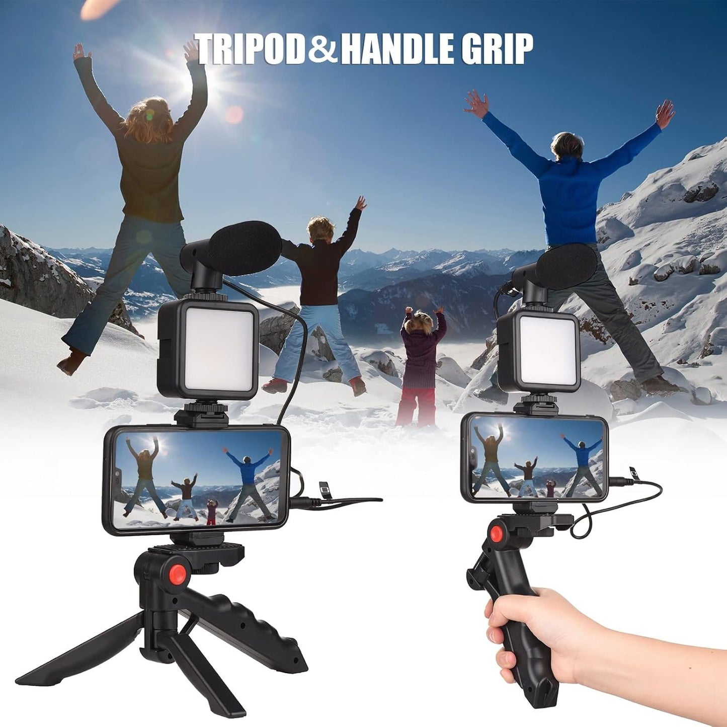 Andoer Smartphone Vlog Kit Mini LED Video Light + Cardioid Microphone + Extendable Phone Clip + Tripod with Adjustable