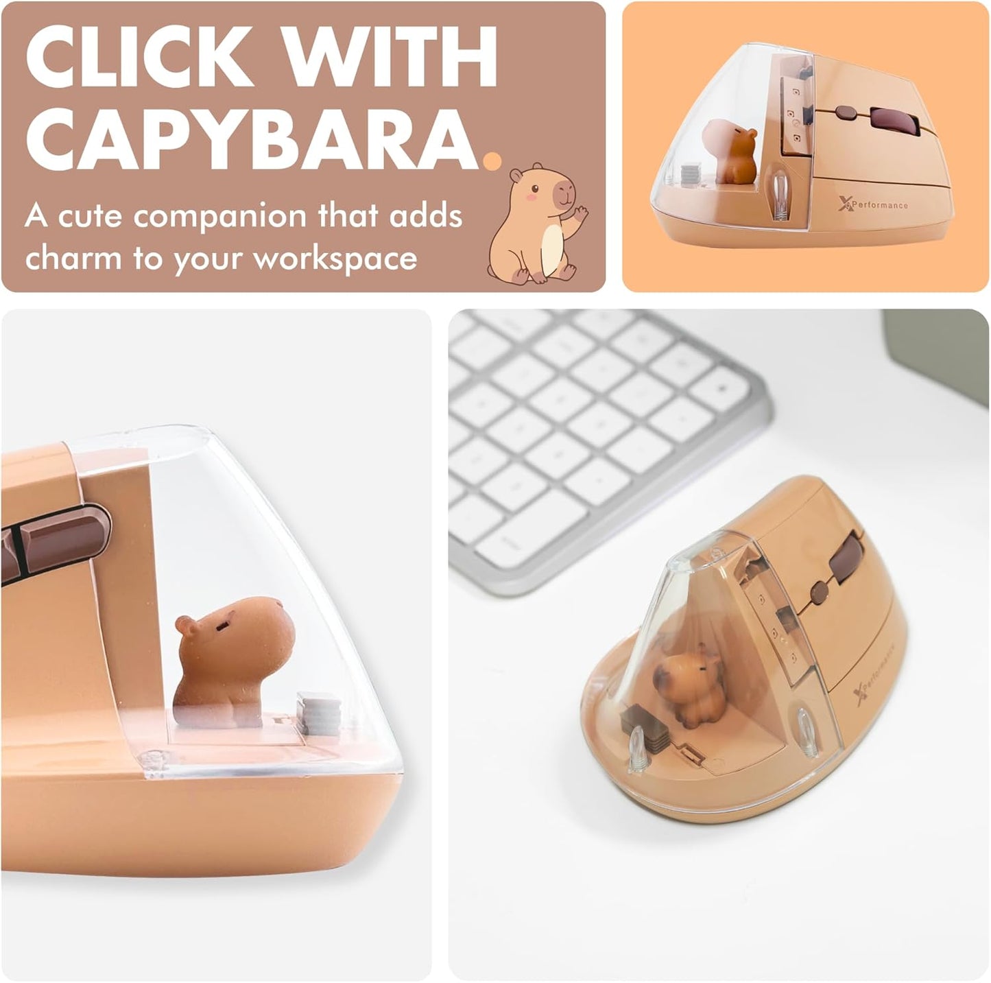 X9 Performance 2.4G) 4000 6 Wireless Vertical Ergonomic Mouse - Click with Capybara - (BT + Up to DPI, Button
