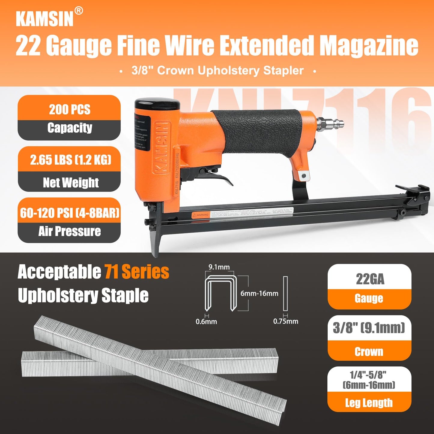 Kamsin KNL7116 22 Gauge Pneumatic Upholstery Stapler Bundle with 10,000pcs 3/8" Crown 3/8" Leg Length KAMSIN 7110 Staples