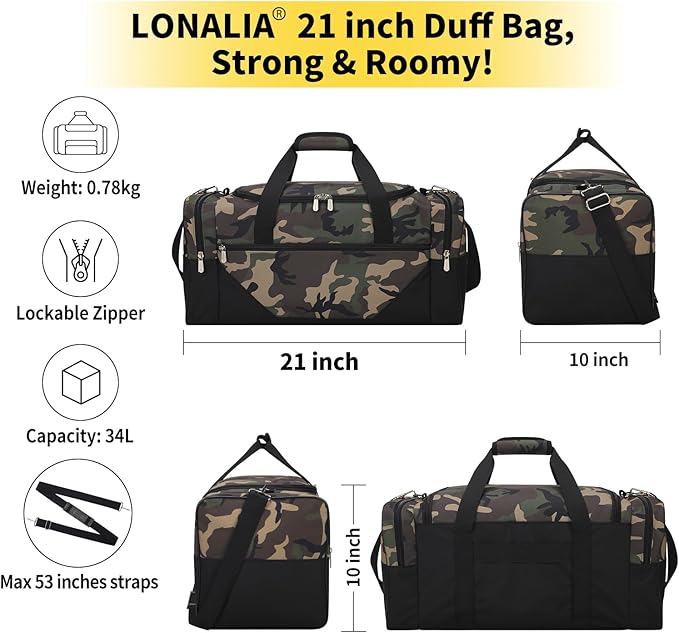 Gym Bag Sport Duffle Bag for Men - 21 in Weekender Travel Bag with Trolley Sleeve (Camo)